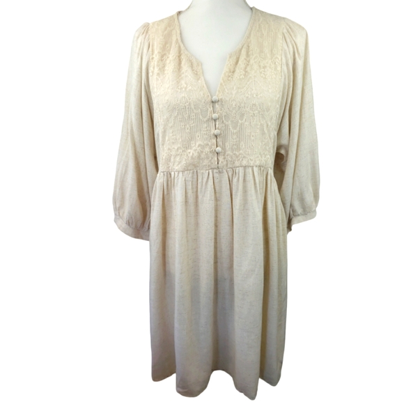 Umgee NWOT Linen Blend Dress in Oatmeal Size Large Lace-Sheer Lace Back - Picture 1 of 10